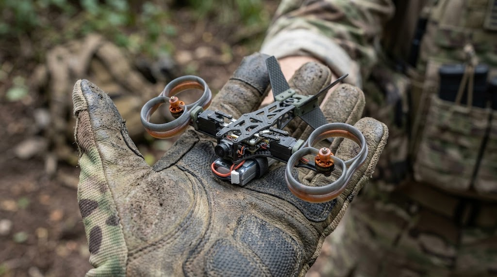 StealthSky nano bicopter prototype resting in a gloved palm — coming soon