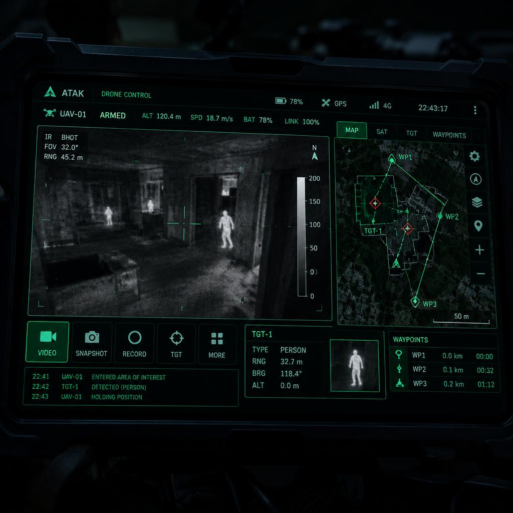 ATAK drone control interface with thermal feed and waypoint map